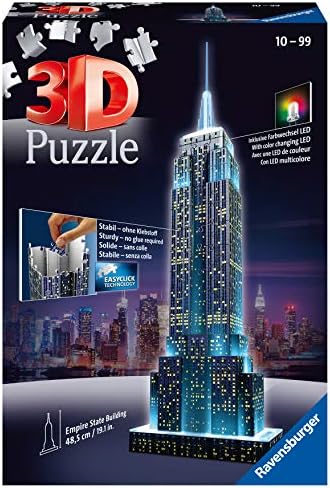 Ravensburger – Puzzle 3D Empire State Building, edizione speciale notturna con LED, età consigliata 10-99, 12566 1, zibellino, 228 pezzi – idea regalo sampdoria