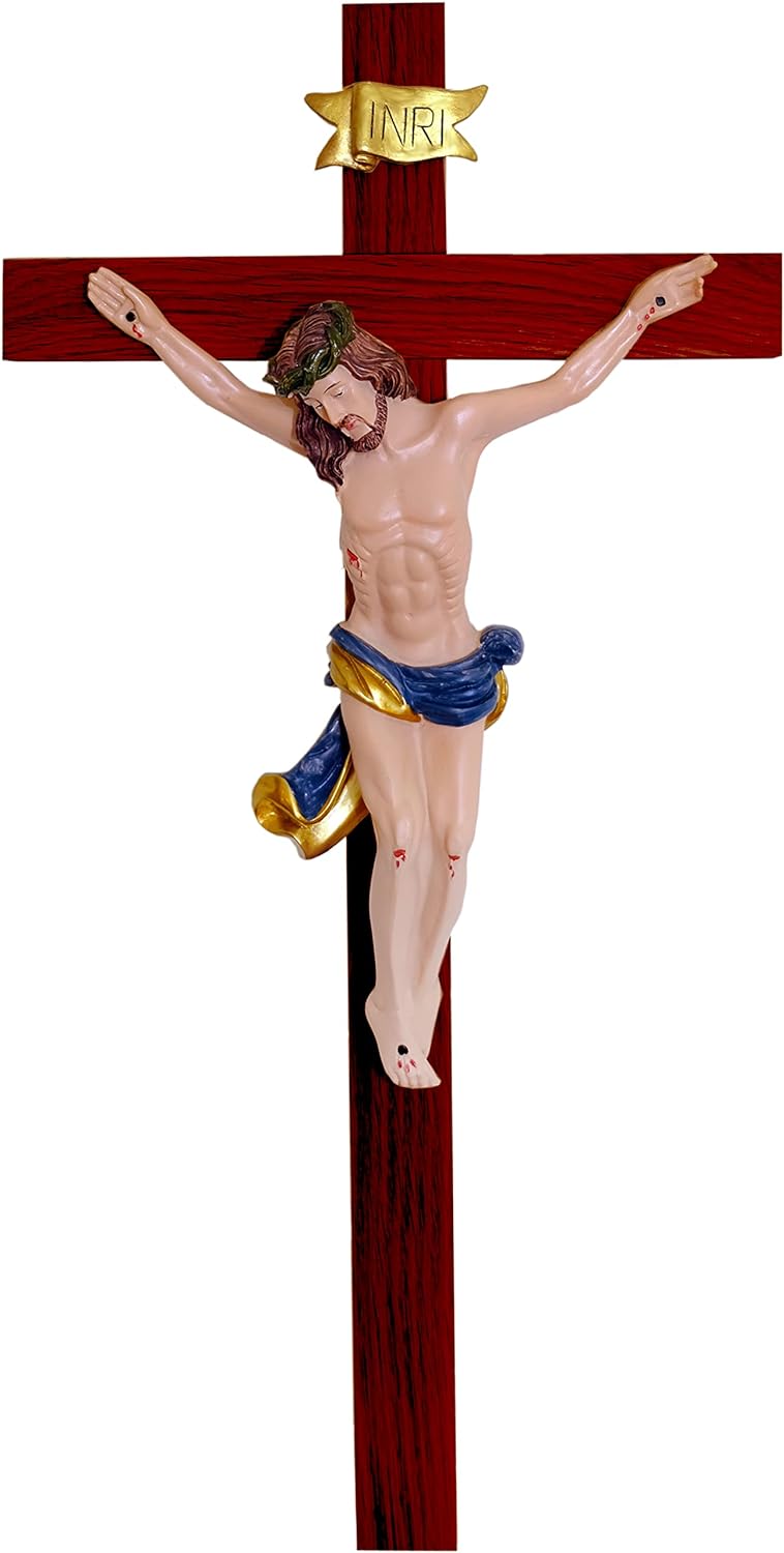 Kaltner Präsente Idea regalo – Crocifisso da parete in legno di abete rosso mogano colorato con figura di Gesù Cristo su croce dipinta a mano – idea regalo as roma