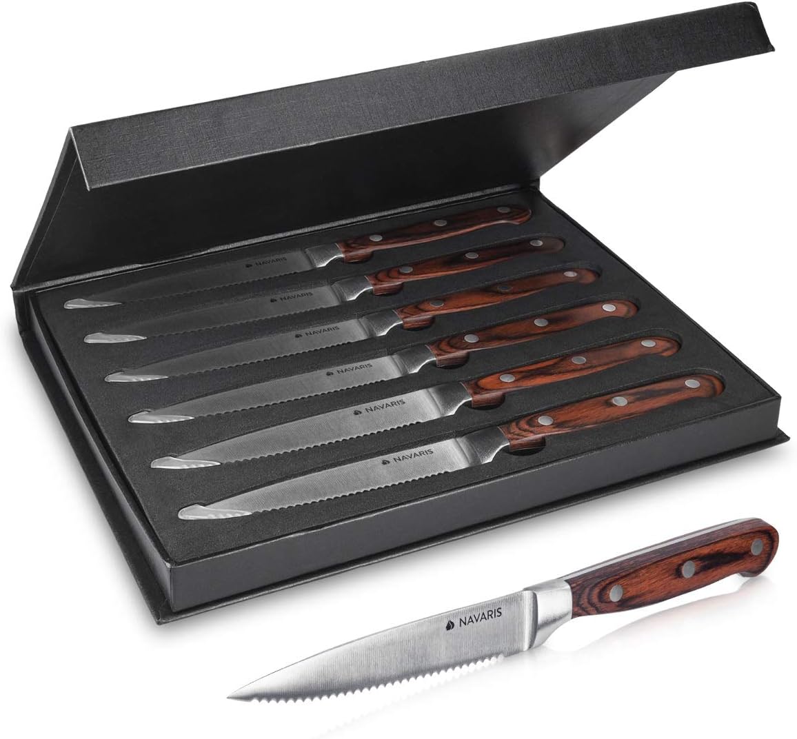 Navaris Set Coltelli Carne Bistecca Acciaio Inox – 6X Coltello Pizza con Lama Seghettata Antiruggine – Presa Ergonomica in Legno Pakka – Scatola incl. – idea regalo fiorentina