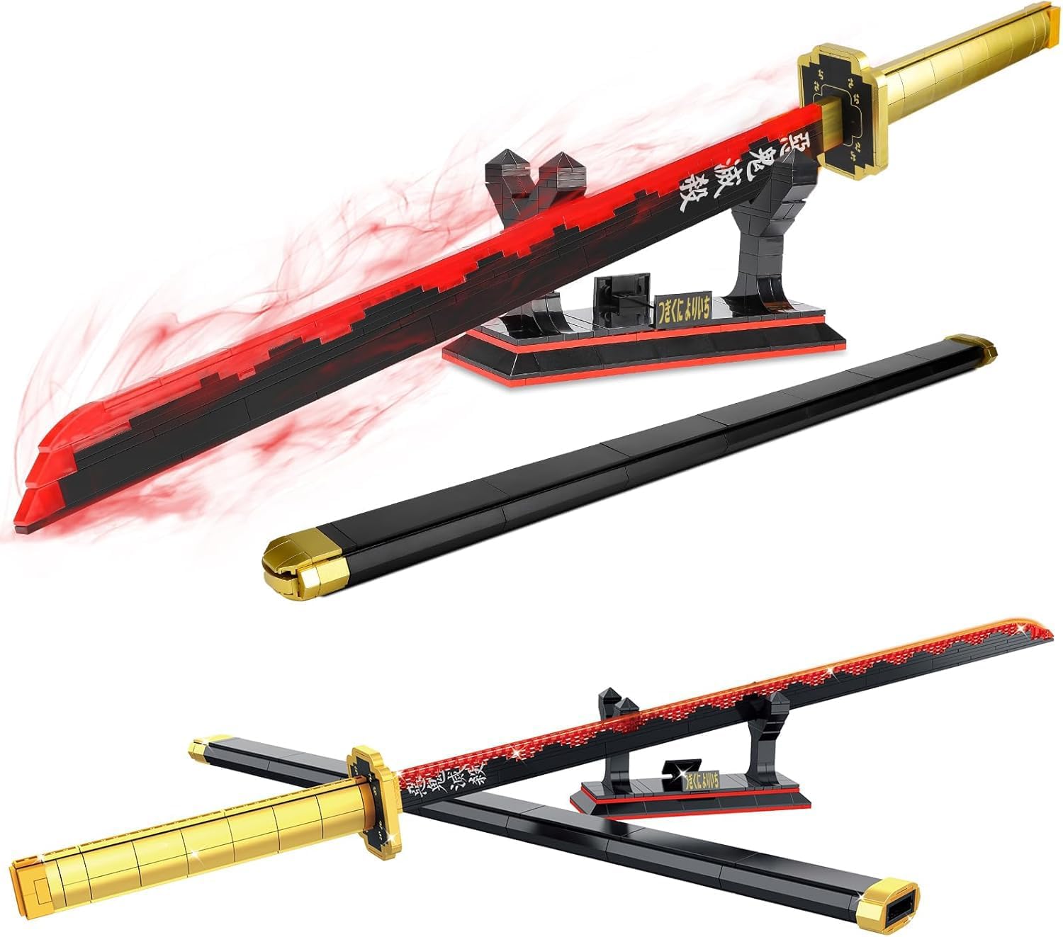 QLT Ideas – Katana per cosplay Tsugikuni Yoriichi dell’anime Demon Slayer, mattoncini decorativi per adulti ragazzi da 6 a 16 anni, 606 pezzi, con fodero e supporto – idea regalo inter