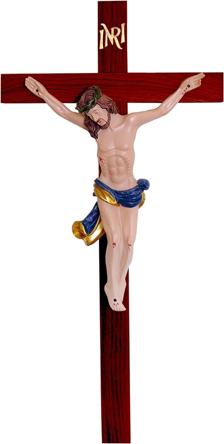 Kaltner Präsente Idea regalo – Crocifisso da parete, altezza 35 cm, in vero legno di abete rosso mogano tinto con figura di Gesù Cristo in pietra artificiale – idea regalo as roma